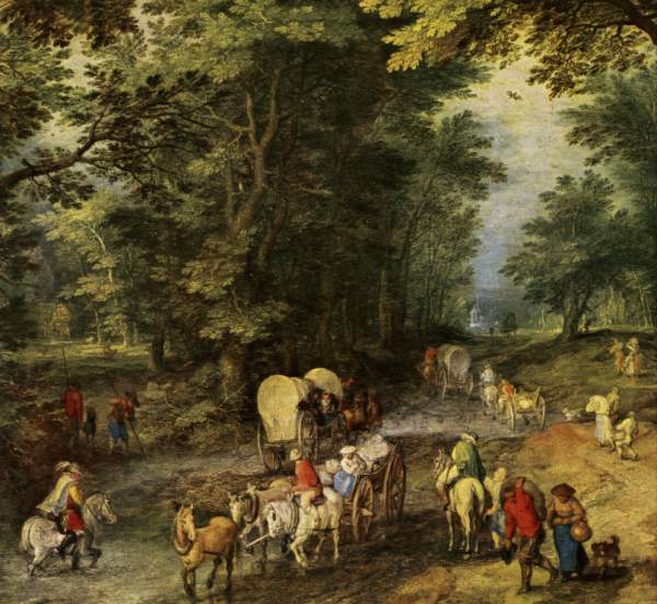 Fuhrleute, Bauern, Reisende (Ausschnitt aus einem Gemälde von Jan Breughel d. Ä. aus dem Jahre 1605)