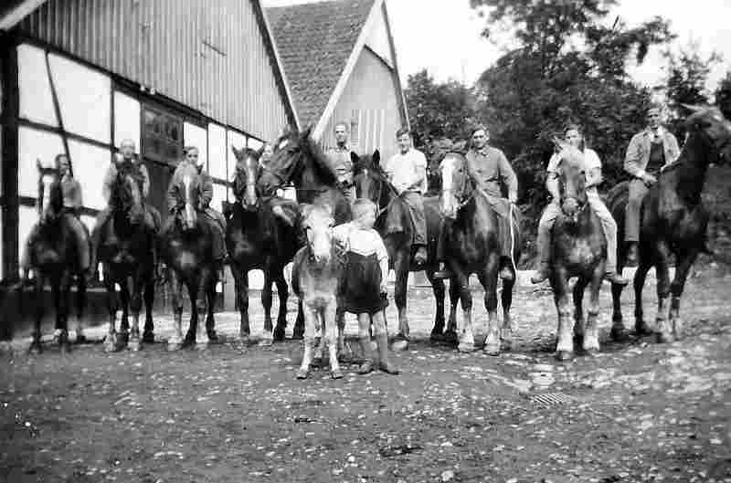 Bild: o. J. - Auf dem Homberghof, Falkendiek Nr. 61, mit zehn Pferden im Bild.